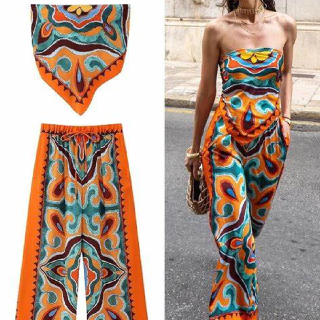 Julienne | Women's Vintage Print Bustier Top with Back Bow Tie + Drawstring Pants Set
