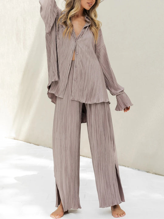 Kamila | Chic Solid Color Two-Piece Pleated Pants Suit